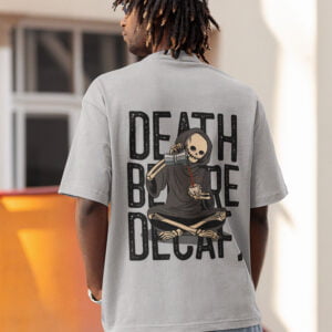 Black Text Death Before Decaf. Unisex Oversized Premium T-Shirt - Coffee Lover's Must-Have