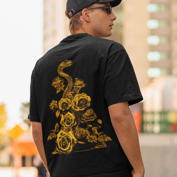 Gilded Blossom Serpent" Oversized Premium Printed T-shirt - Unique Nature-Inspired Design