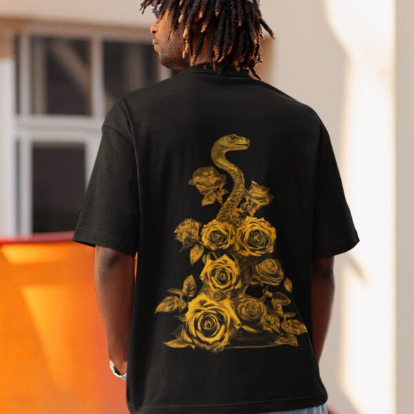 Gilded Blossom Serpent" Oversized Premium Printed T-shirt - Unique Nature-Inspired Design