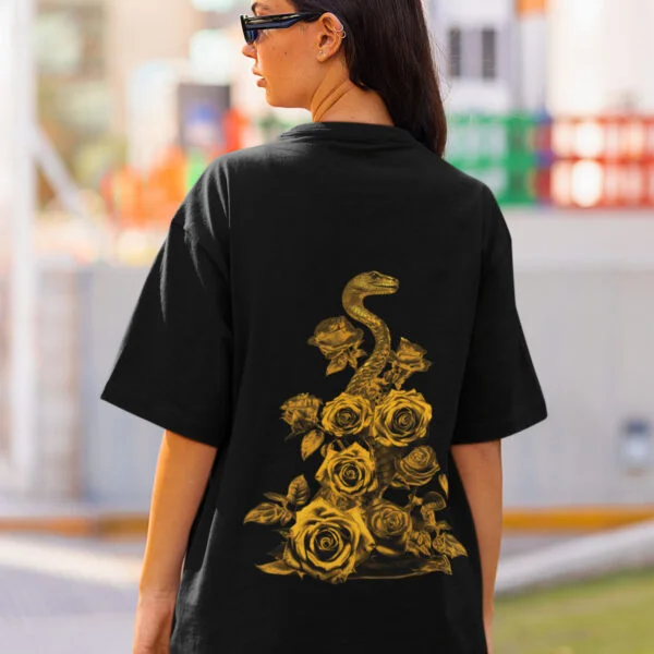 Gilded Blossom Serpent" Oversized Premium Printed T-shirt - Unique Nature-Inspired Design